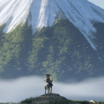 A samurai on horseback in front of a mountain